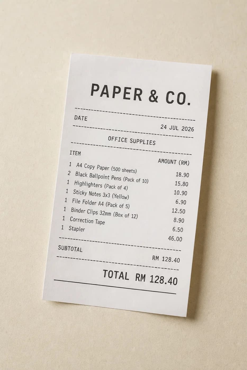 Fictional Paper & Co. office-supplies receipt